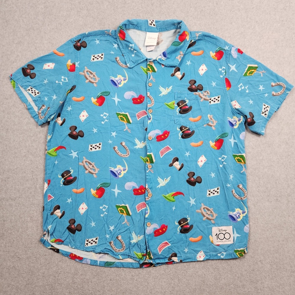 Disney 100 Shirt Mens XL Blue Button Up Short Sleeve Allover Print Our Universe